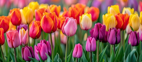 A stunning array of beautiful and colorful tulips in full bloom, featuring vibrant hues and complemented by lush green stems.
