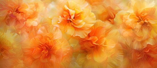 A close-up view of a bunch of vibrant orange and yellow flowers, showcasing delicate petals in soft focus.