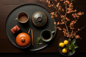 A still life image of a teapot, teacups, and lemons on a black table. The teapot is orange, and the teacups are green. The lemons are yellow, and there are also some green leaves on the table. A capti