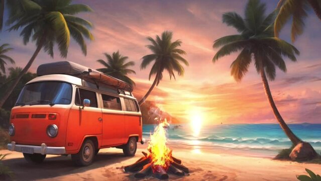 Camper van on the beach with palm trees and bonfire at sunset
