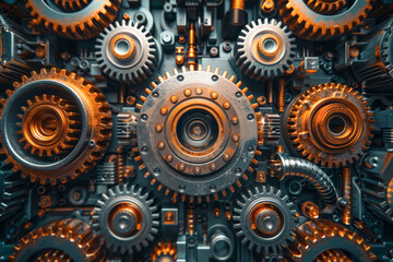 Multiple rusted iron gears are arranged in mesh. Mechanical engineering and industry concept.