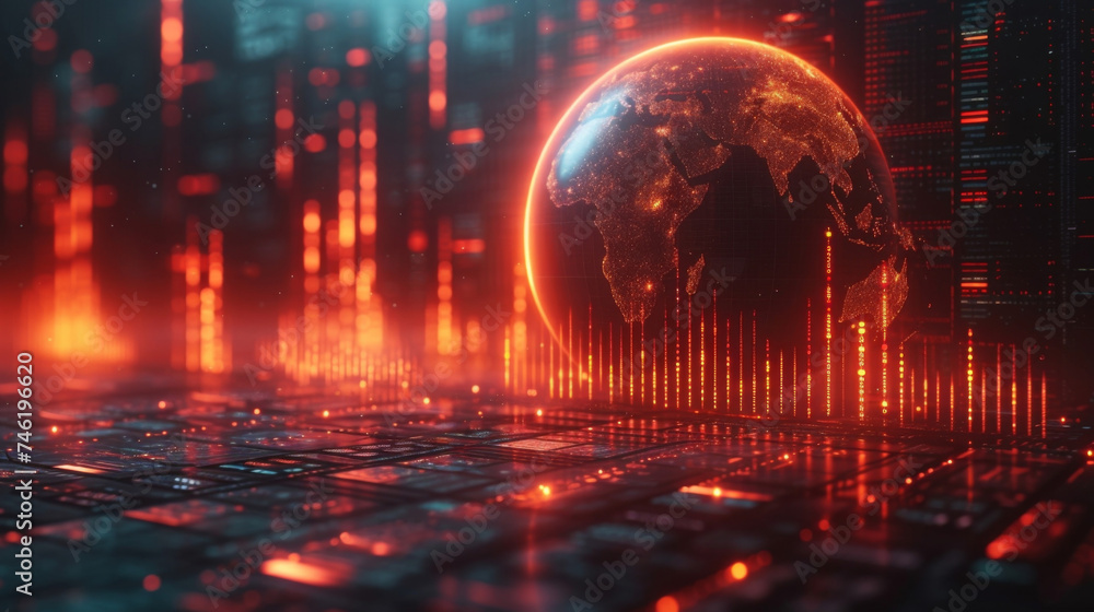 Poster a digital globe surrounded by a web of data and statistics showcasing the various investment strateg