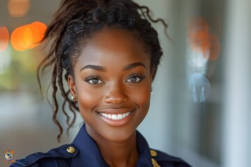 Obraz premium A cheerful young policewoman, adorned in her official uniform, beams with happiness as she gazes warmly into the camera.