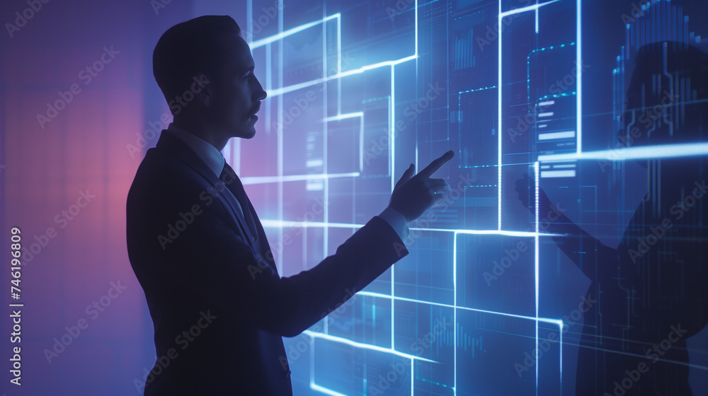 Poster businessman interacting with virtual ai assistant using hologram technology, futuristic artificial i
