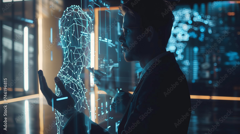 Poster businessman interacting with virtual ai assistant using hologram technology, futuristic artificial i