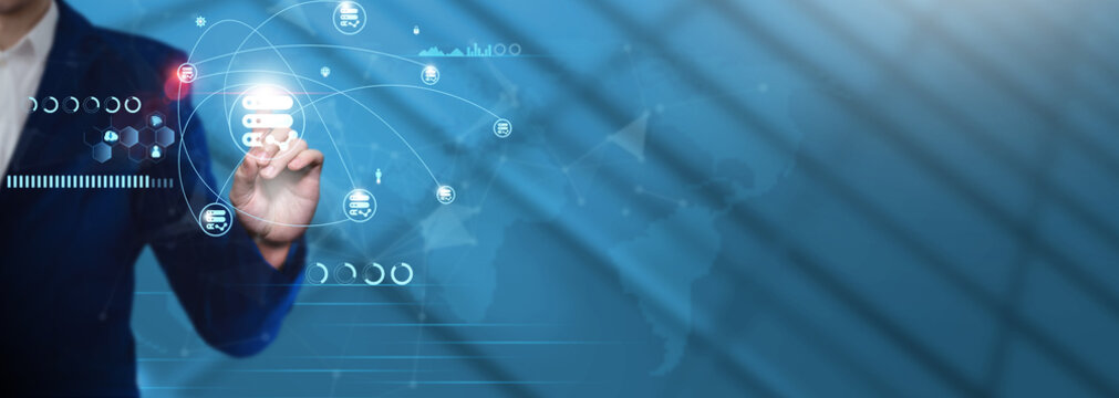 Database Management: Businessman Pointing with Database Management Icon and Technological Business Data Network. Data Analysis, Data Security, Data Optimization.