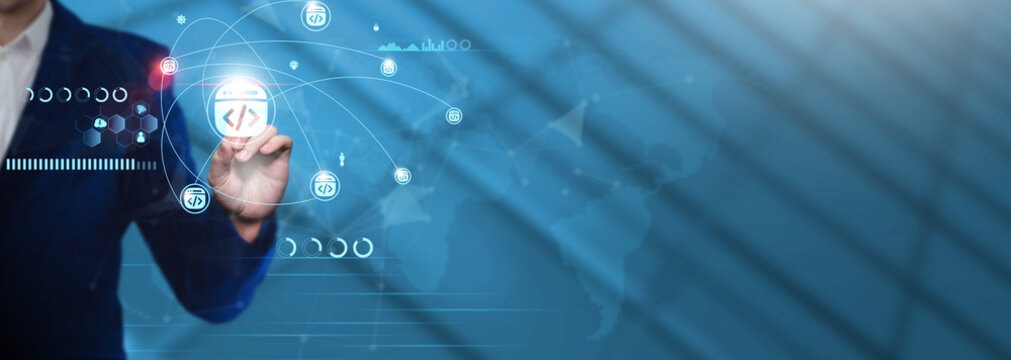 Web Development: Businessman Pointing with Web Development Icon and Technological Business Data Network. Innovation, Design, Coding.