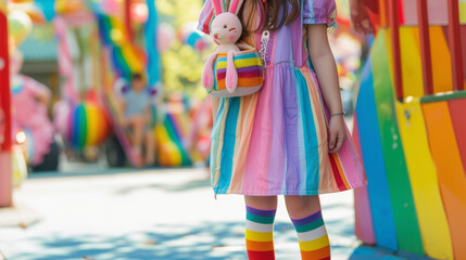 Show off your love for all things e and colorful with a rainbow striped dress featuring a bunnyshaped bag and rainbow kneehigh socks perfect for a day at a carnival.