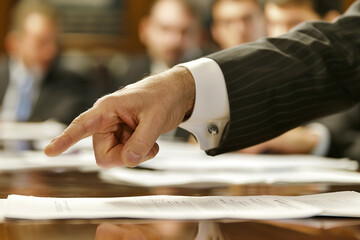Image of male hand pointing at business document during discussion at meeting 