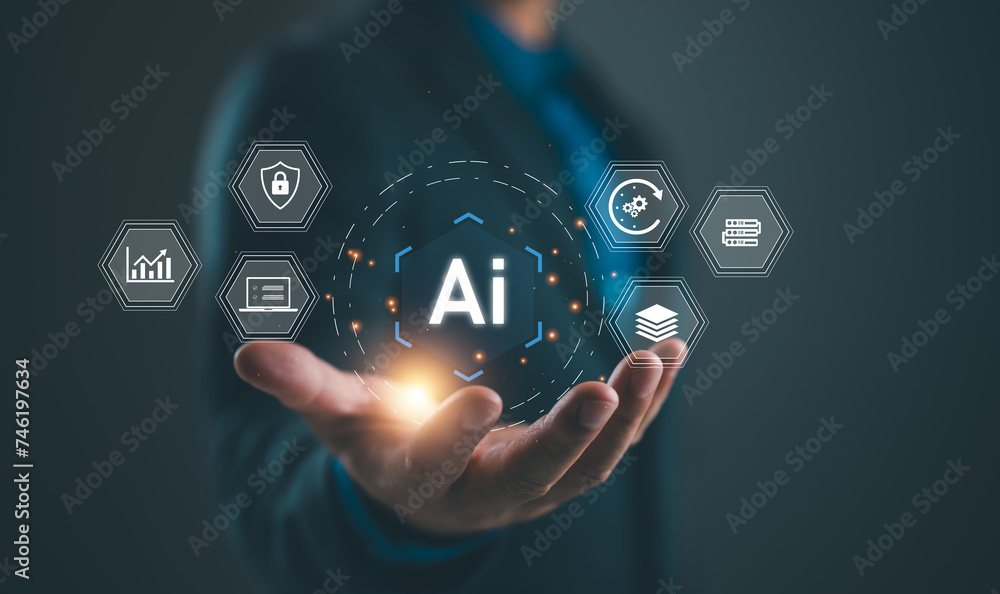 Poster Ai technology, Artificial Intelligence. man using technology smart robot AI, artificial intelligence by enter command prompt for generates something, Futuristic technology transformation. Chat with AI