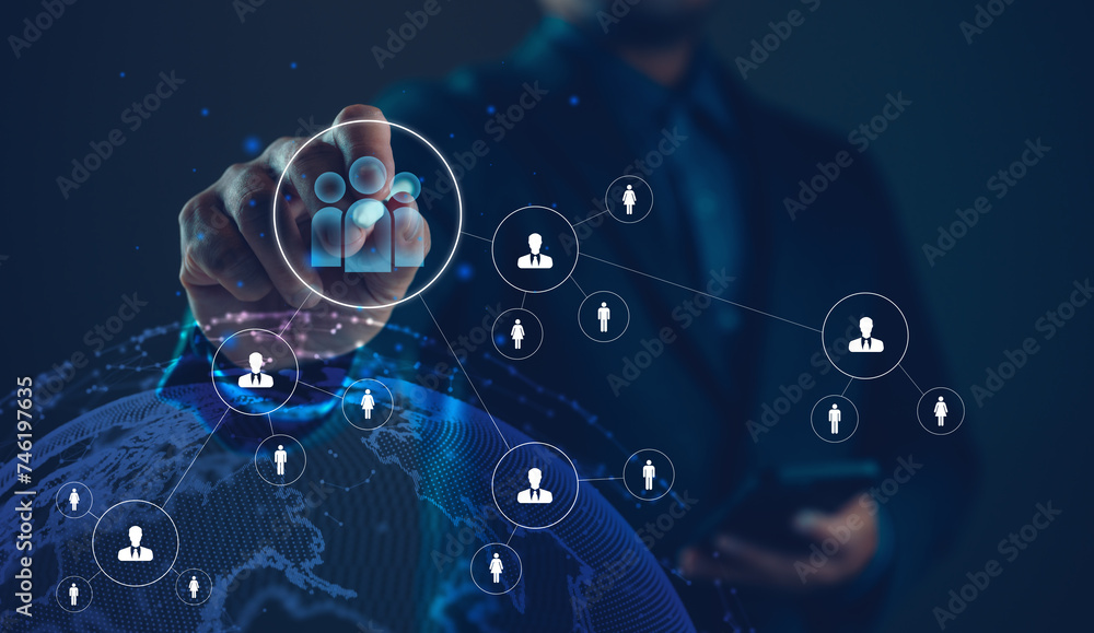 Poster Customer Relationship Management, Businessman use tablet with global structure customer network technology, Data exchanges development. customer service, social media. digital marketing online.