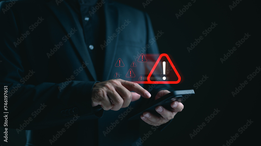 Poster System warning hacked alert, cyber attack on computer network. Cybersecurity vulnerability, data breach, illegal connection, compromised information concept. Malicious software, virus and cybercrime.