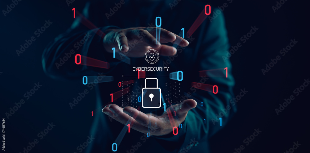 Aufkleber Cybersecurity and privacy concepts to protect data. Lock icon and internet network security technology. Businessman protecting personal data on smartphone, virtual screen interfaces. cyber security.