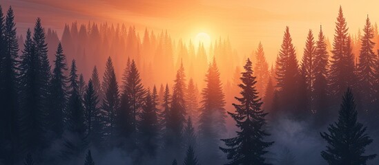 Pine trees cast a striking silhouette as the sun sets over a mist-filled forest.