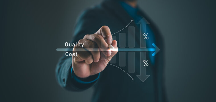 Control Quality and cost optimization for products or services to improve customer satisfaction, enhance company performance. Businessman touching concept. Successful corporate strategy, management.