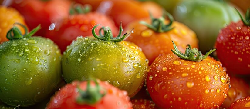 A vibrant close-up photo showcasing fresh organic tomatoes with water droplets, perfect for adding a burst of flavor to summer salads and salsa.