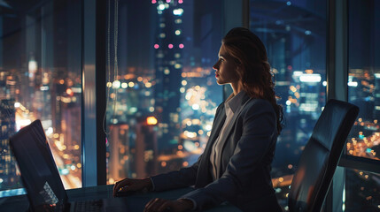 Successful Businesswoman in Stylish Suit Working on Top Floor Office Overlooking city in night.