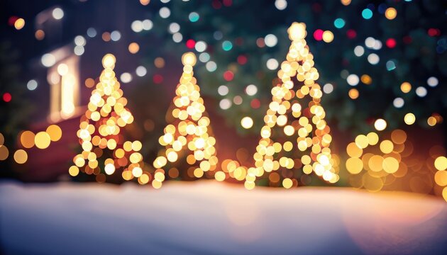 A festive winter night, illuminated by a sparkling bokeh of light radiating from a Christmas tree