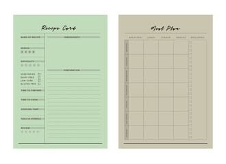 Recipe Card and Meal Planner.  Vector illustration.	