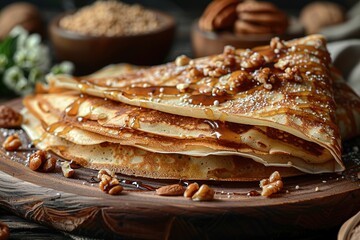 crepes with salted caramel and nuts, top view, wooden background