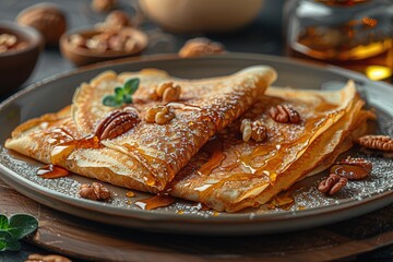 crepes with salted caramel and nuts, top view, wooden background