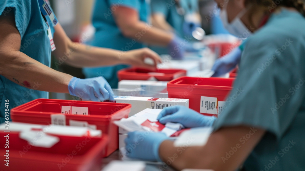 Poster a team of hospital staff assembling emergency supply kits based on data from a predictive analytics 