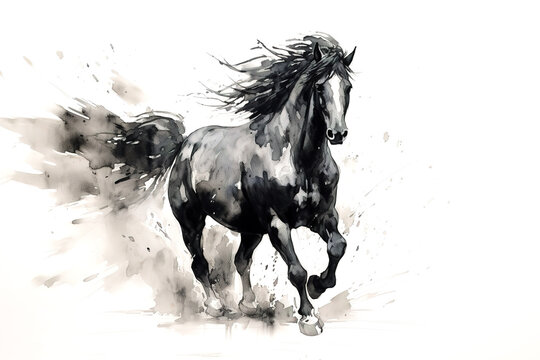 Black horse traditional chinese ink painting on white background. Animals, Illustration, Generative AI.