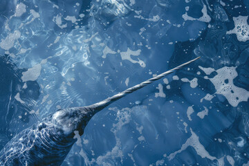 Intense close-up of a narwhal's tusk against icy blue waters