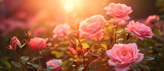A cluster of pink roses in full bloom in a garden illuminated by the soft light of the morning sun. The vibrant flowers stand out against lush green foliage, adding a pop of color to the serene