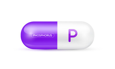 Phosphorus minerals capsule purple 3D isolated on white background. Nutrients necessary for the body helps maintain brain and bone. Dietary supplement health care concept. Vector EPS10 illustration.