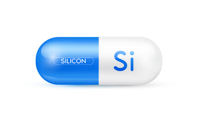 Silicon minerals capsule blue 3D isolated on white background. Nutrients necessary for the body helps maintain brain and bone. Dietary supplement health care concept. Vector EPS10 illustration.