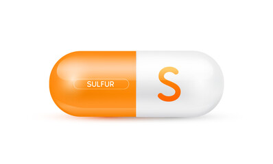 Sulfur minerals capsule orange 3D isolated on white background. Nutrients necessary for the body helps maintain brain and bone. Dietary supplement health care concept. Vector EPS10 illustration.