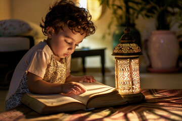 A child reading the Quran under a lantern's soft light
