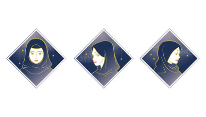 Set of beautiful muslim women, islamic female praying for Allah God in holy month. Wearing hijab of night blue. Background is studded with stars. Ramadan Kareem, Eid Mubarak greeting icon. Vector .