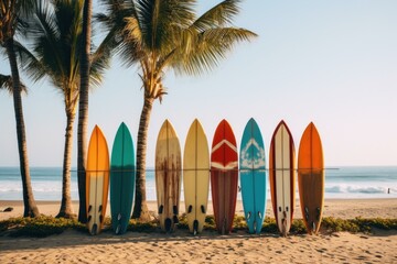 Picturesque Row of surfboards on beach. Palm travel. Generate Ai