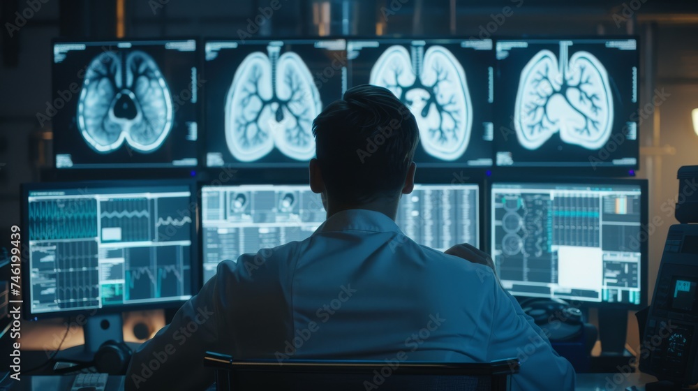 Poster doctor analyst studying charts of lung or heart in front of display setup