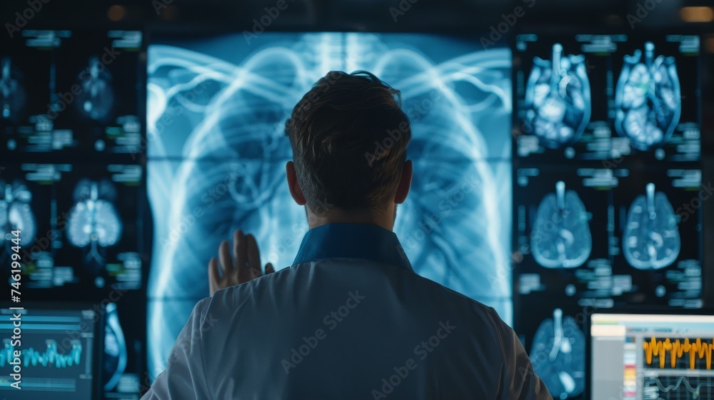 Poster doctor analyst studying charts of lung or heart in front of display setup