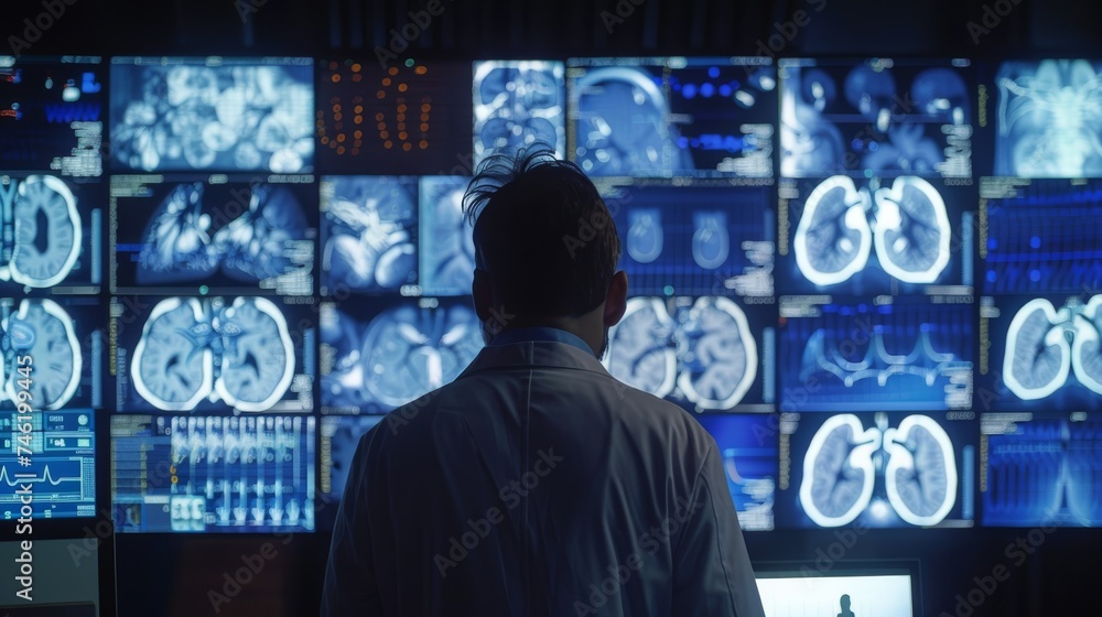 Poster doctor analyst studying charts of lung or heart in front of display setup