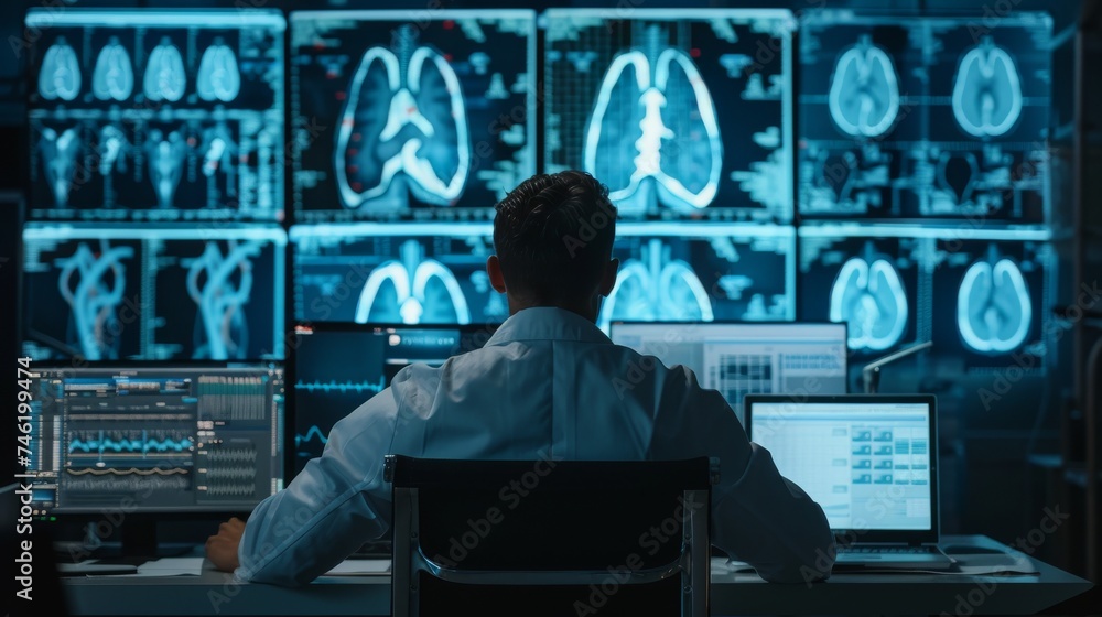 Poster doctor analyst studying charts of lung or heart in front of display setup