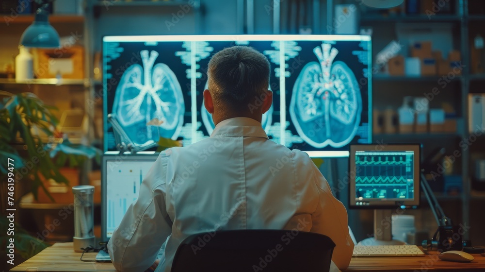 Poster doctor analyst studying charts of lung or heart in front of display setup