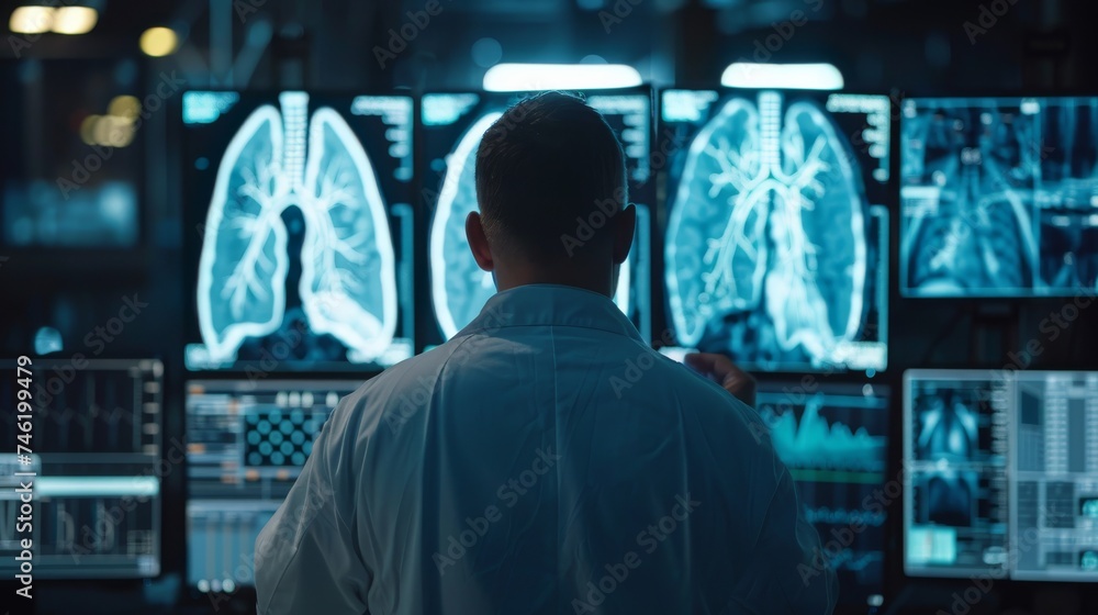 Poster doctor analyst studying charts of lung or heart in front of display setup