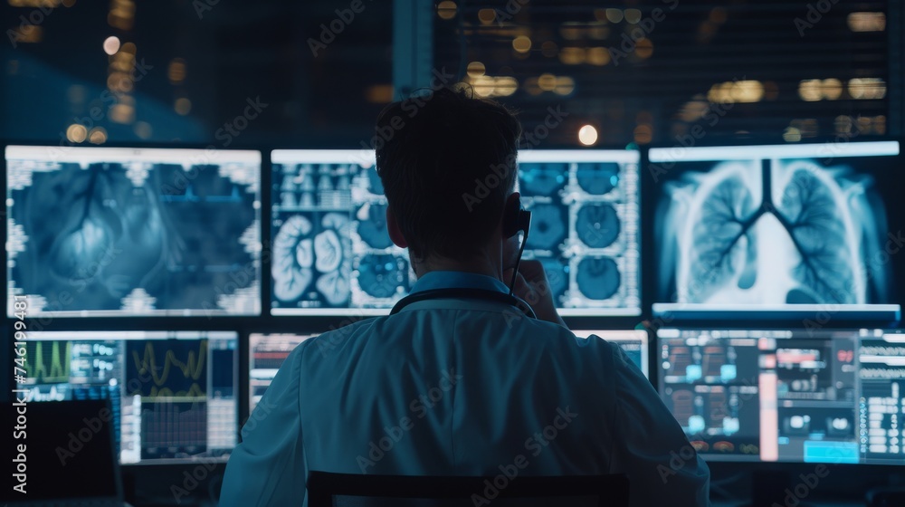Poster doctor analyst studying charts of lung or heart in front of display setup
