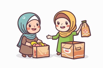 Cartoon cute doodles of characters preparing and distributing food packages to the less fortunate and homeless individuals during Ramadan, Generative AI