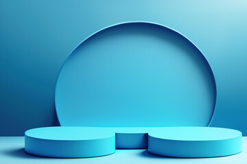 2 product platforms in pairs There is a circle behind a blank blue background showing 3D shadow products, and a light is sent down the center of the platform