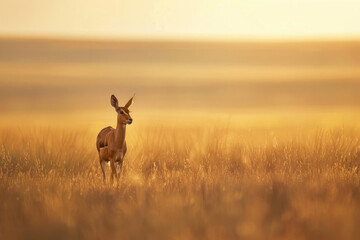 A lone antelope stands alert in the twilight of the grasslands