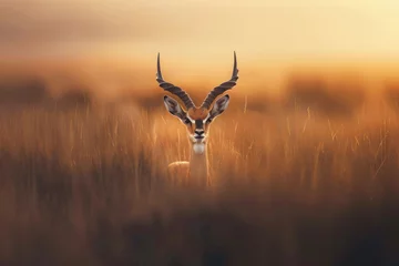 Fotobehang A lone antelope stands alert in the twilight of the grasslands © Veniamin Kraskov