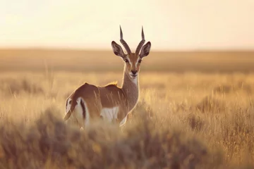 Crédence de cuisine en verre imprimé Antilope A lone antelope stands alert in the twilight of the grasslands