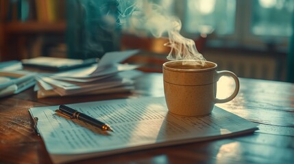 On the table stood a document. The adjacent white coffee cup gave off a small amount of hot steam. Invite to take a break Prepare for productivity - obrazy, fototapety, plakaty
