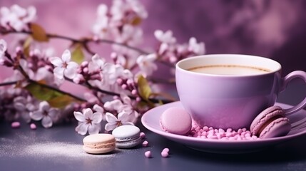 Fototapeta na wymiar Easter egg and spring flowers in a cup of tea on a violet background