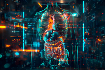 illustration  digital artwork inspired by an MRI of the upper abdomen integrating cyberpunk elements to highlight the organs and structures. - obrazy, fototapety, plakaty